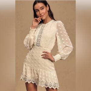 LULUS Lust or Love Cream Embroidered Lace Long Sleeve Mini Dress - XS